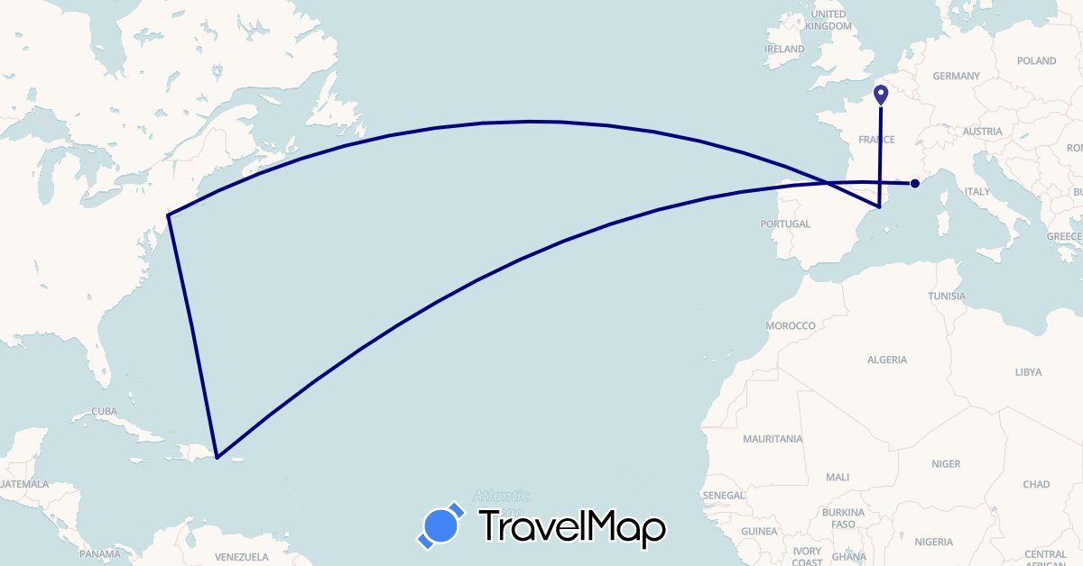 TravelMap itinerary: driving in Spain, France, United States (Europe, North America)